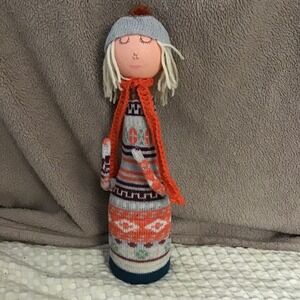 Handmade Folk Art Doll Winter‎ Outfit Knitted Sweater Hat Scarf Collectible